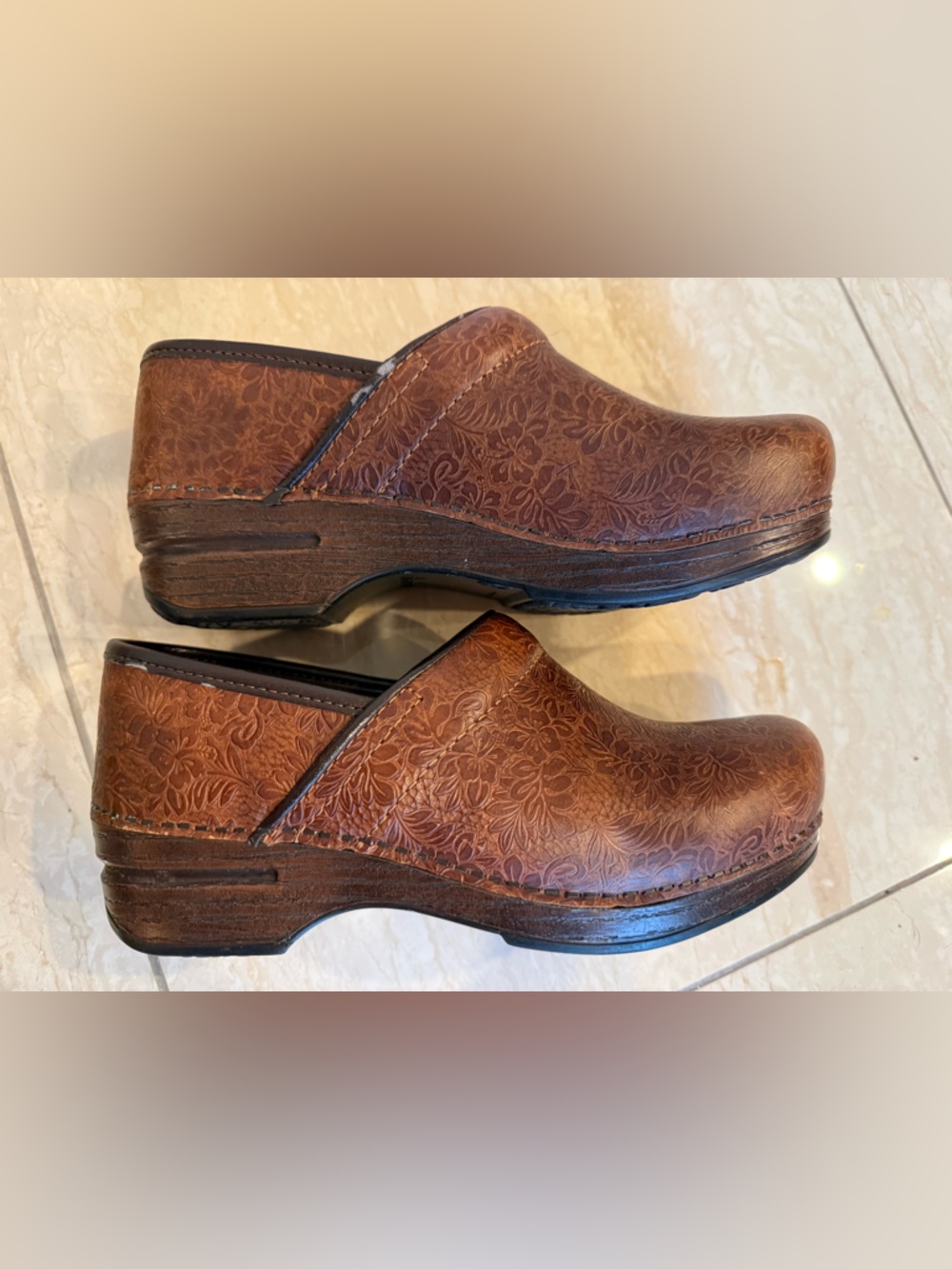 Dansko Brown Embossed Tooled Floral Professional Leather Clog - 37 (6.5 - 7) - Picture 4 of 7